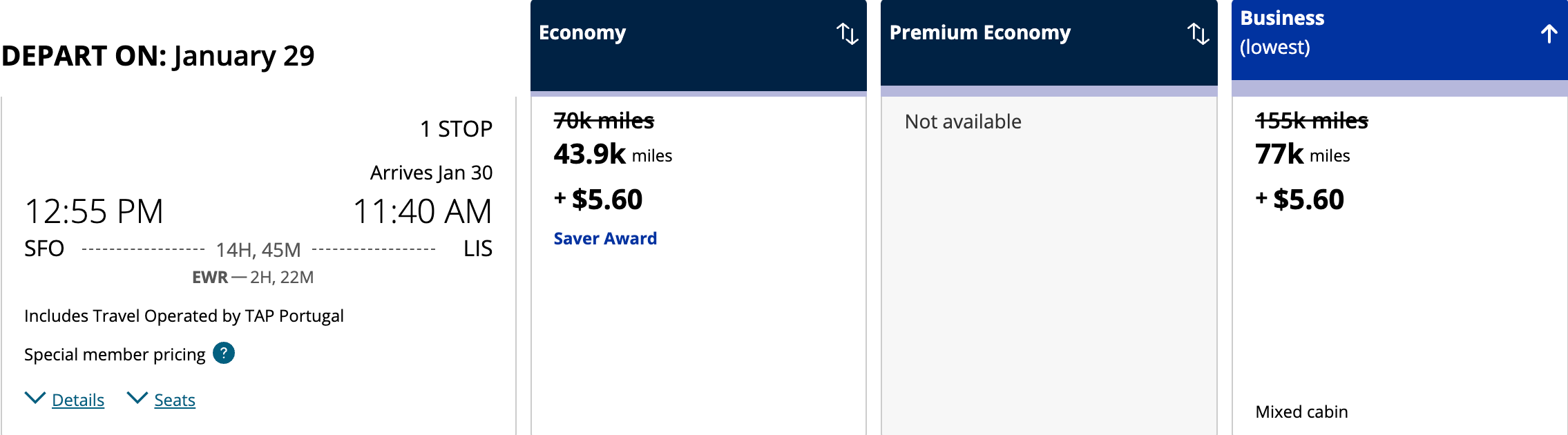 Special member pricing between SFO and LIS