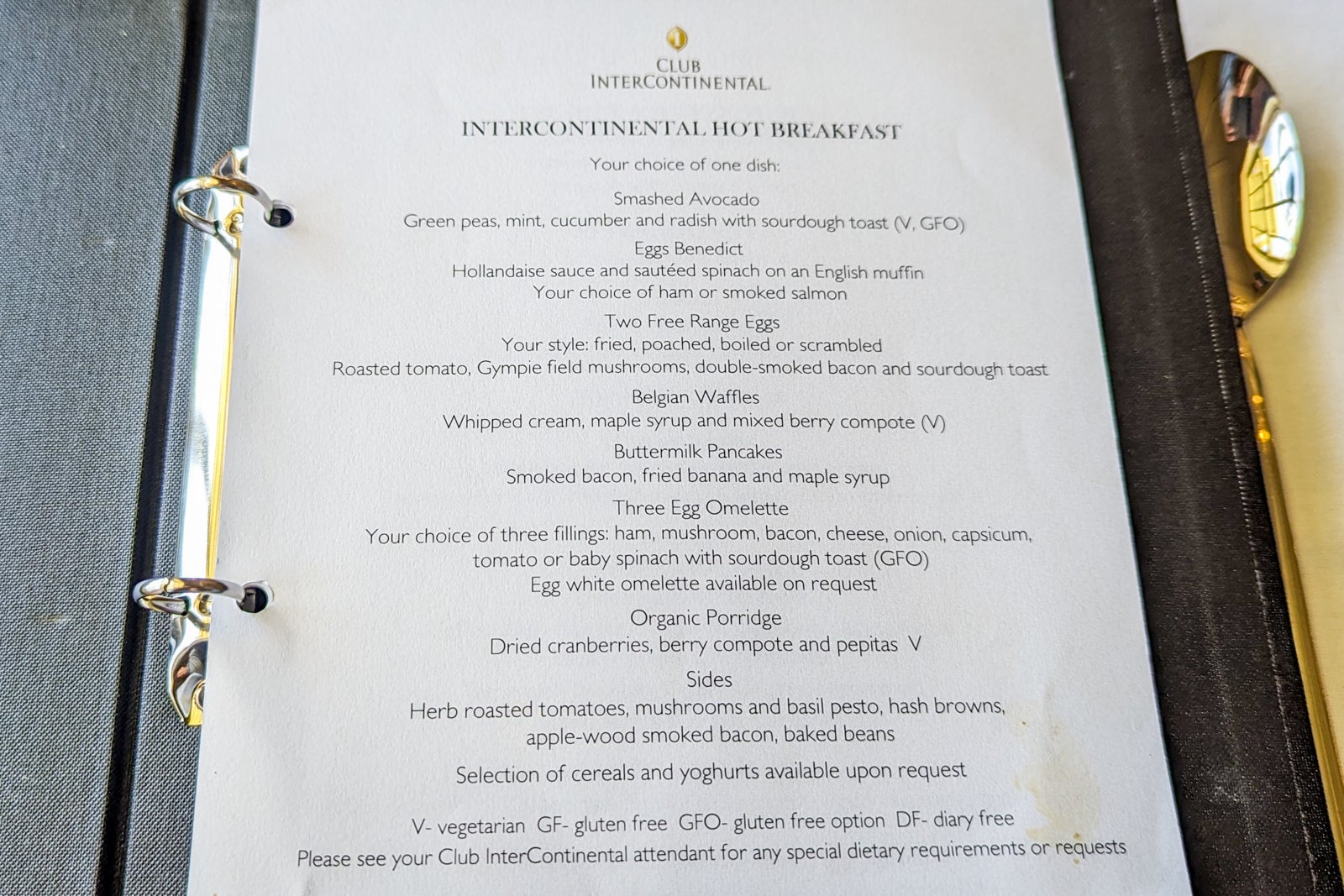 Menu in the Club InterContinental Lounge at the InterContinental Sanctuary Cove Resort