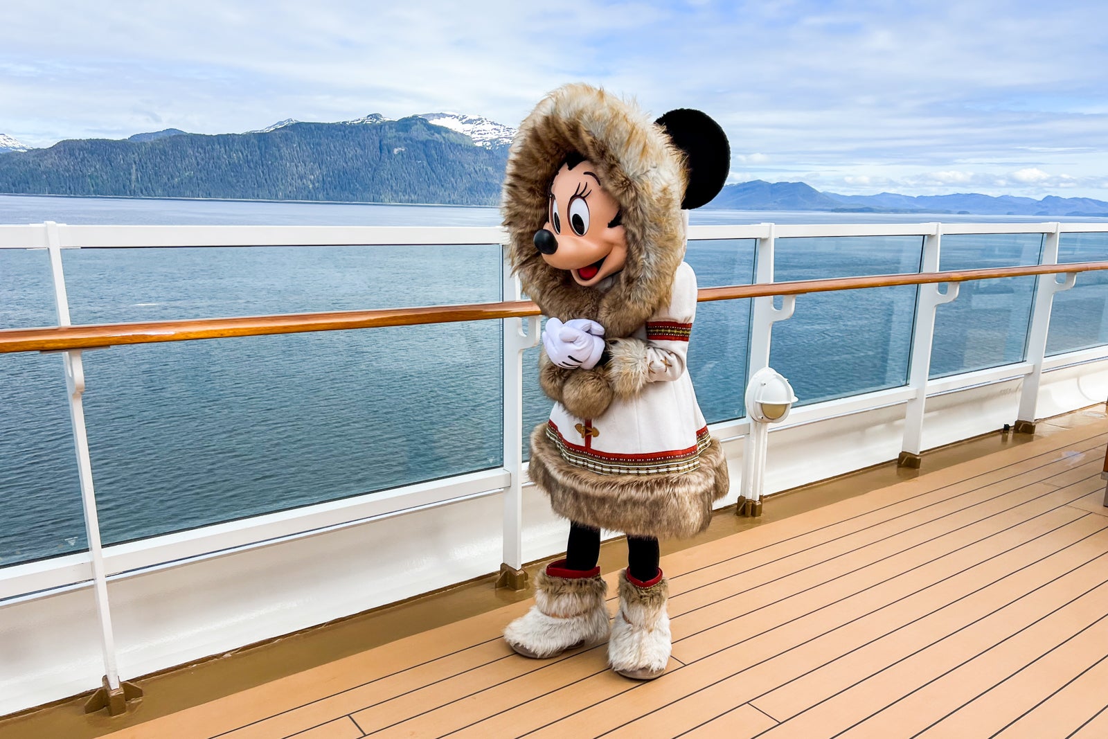 Minnie in her Alaska outfit on deck