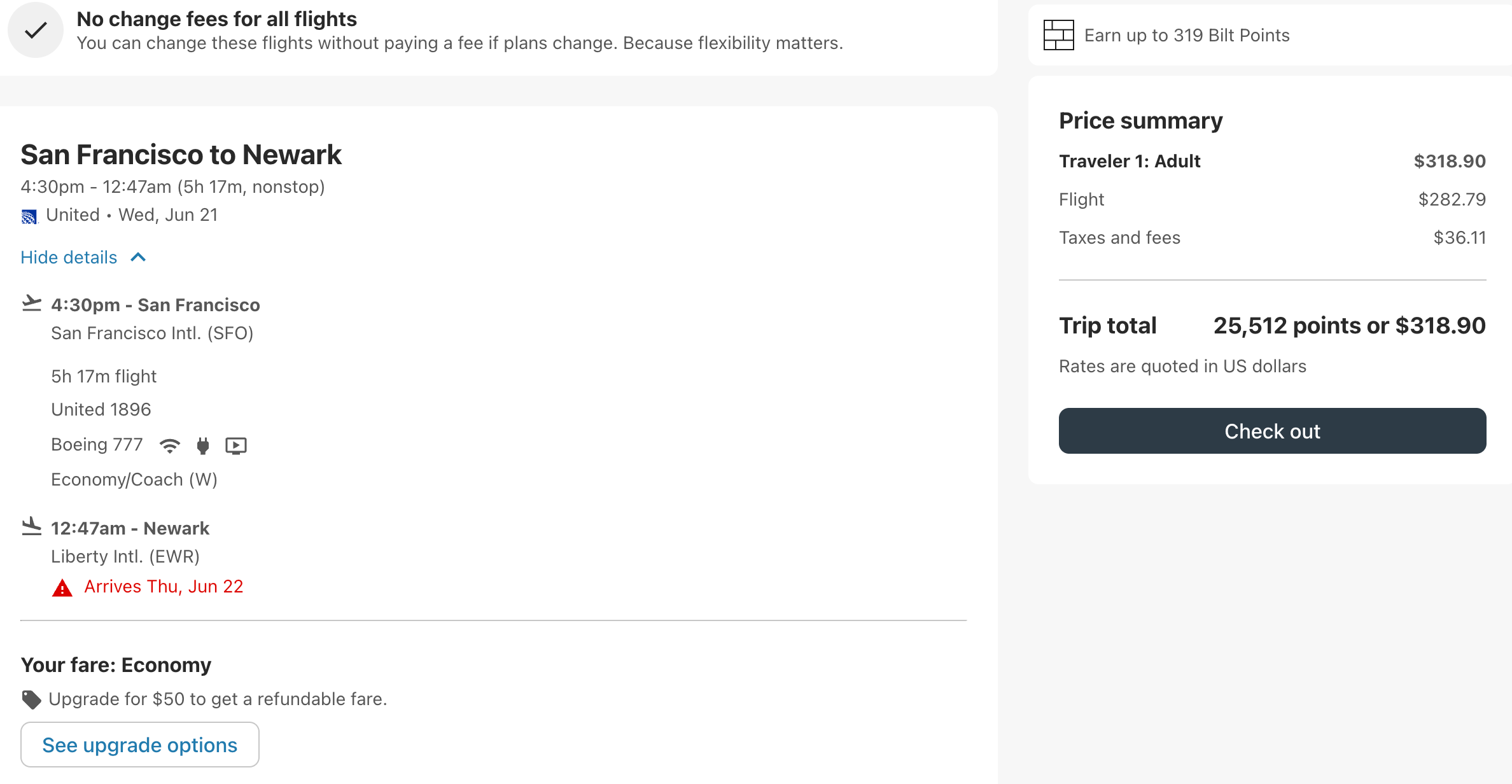 a screenshot of a booking for a United flight from San Francisco to Newark for $318.90