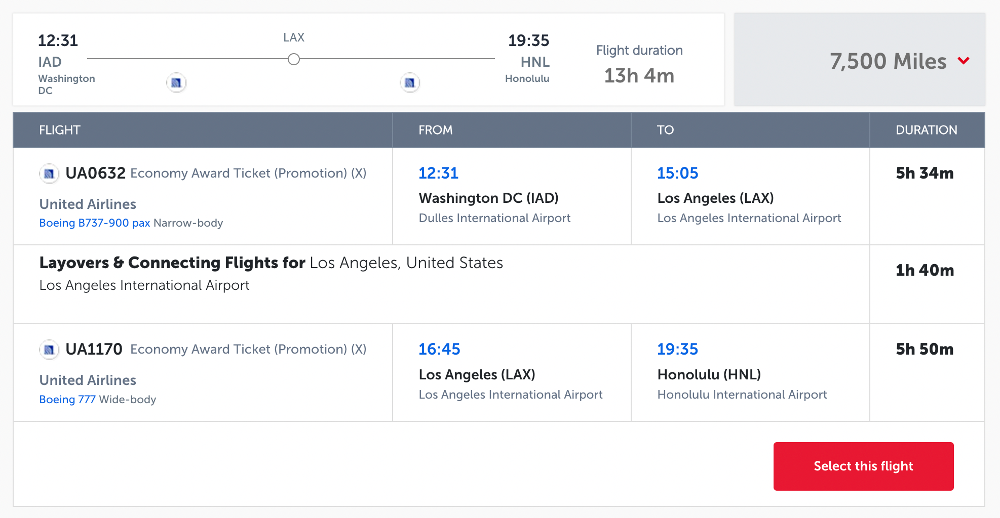A United flight from Washington-Dulles to Honolulu booked with Turkish miles