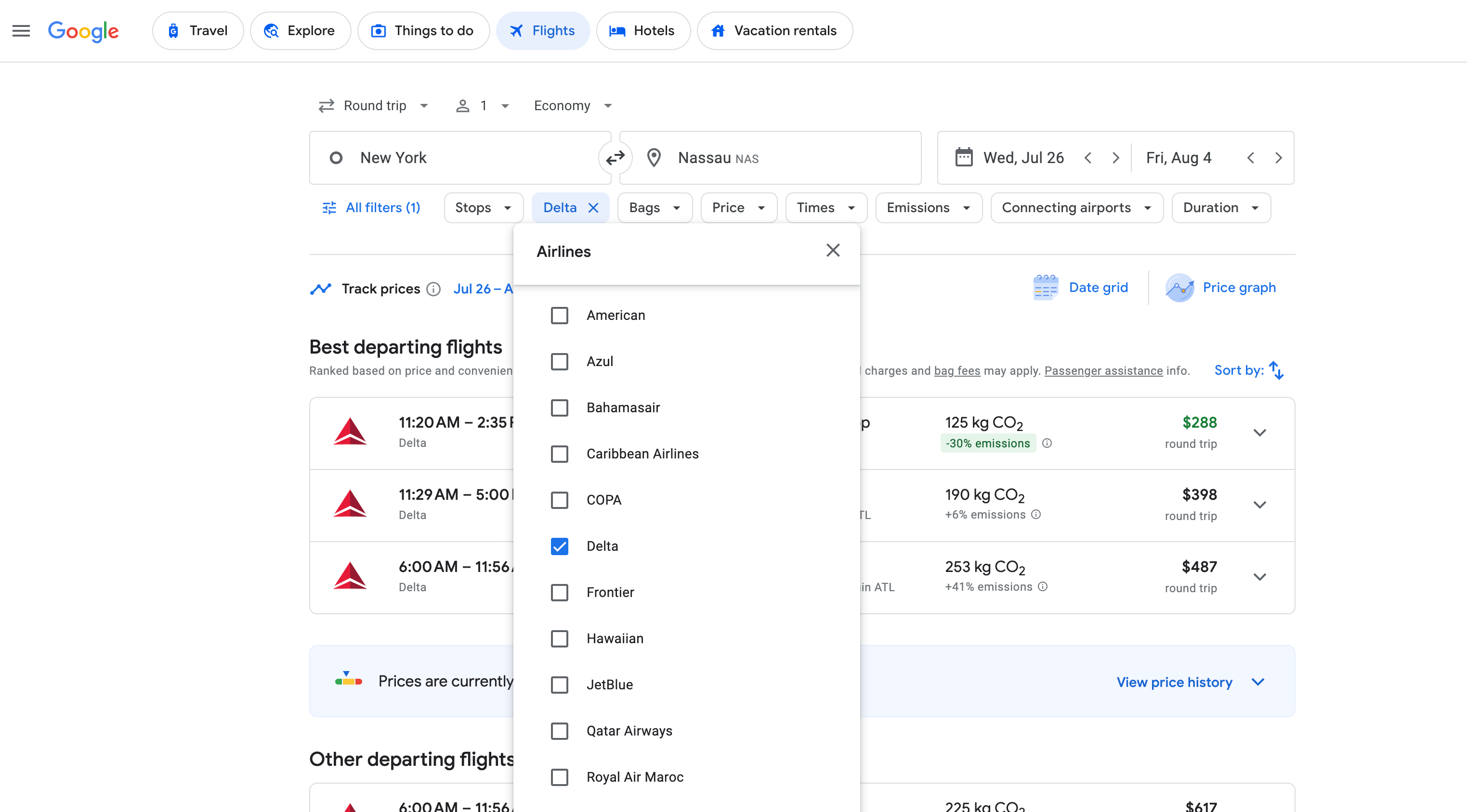 Google Flights selecting one airline only. 