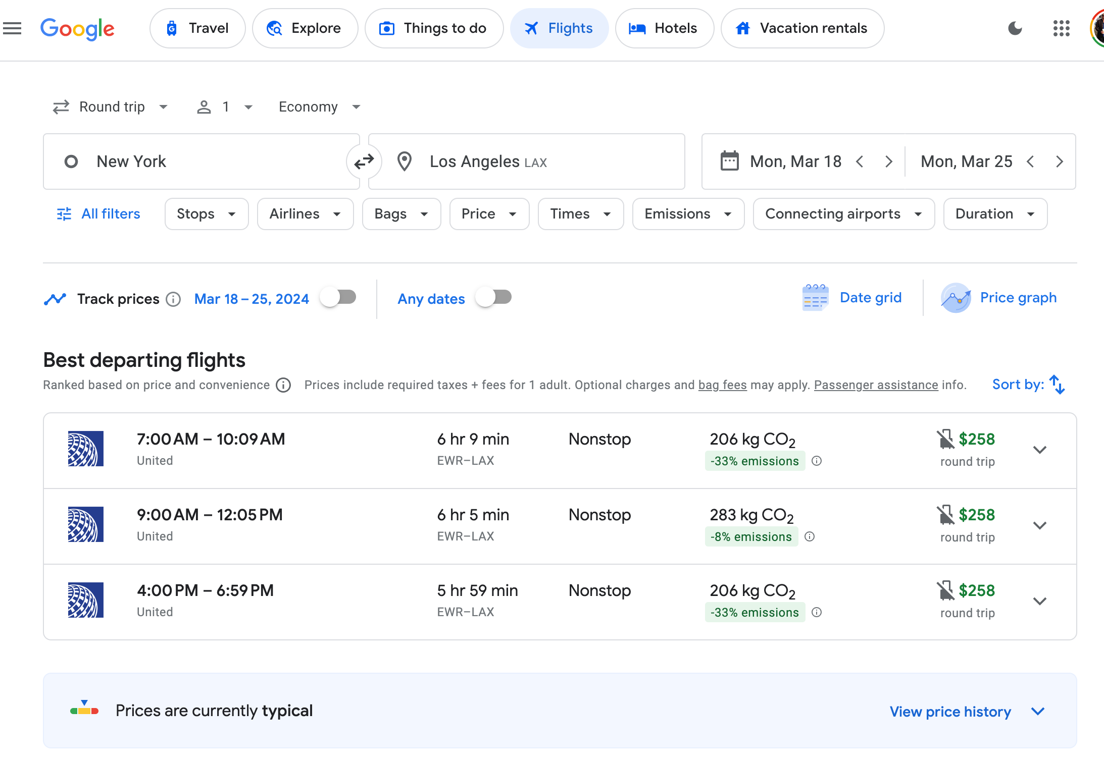 Google Flights search results for New York to Los Angeles.