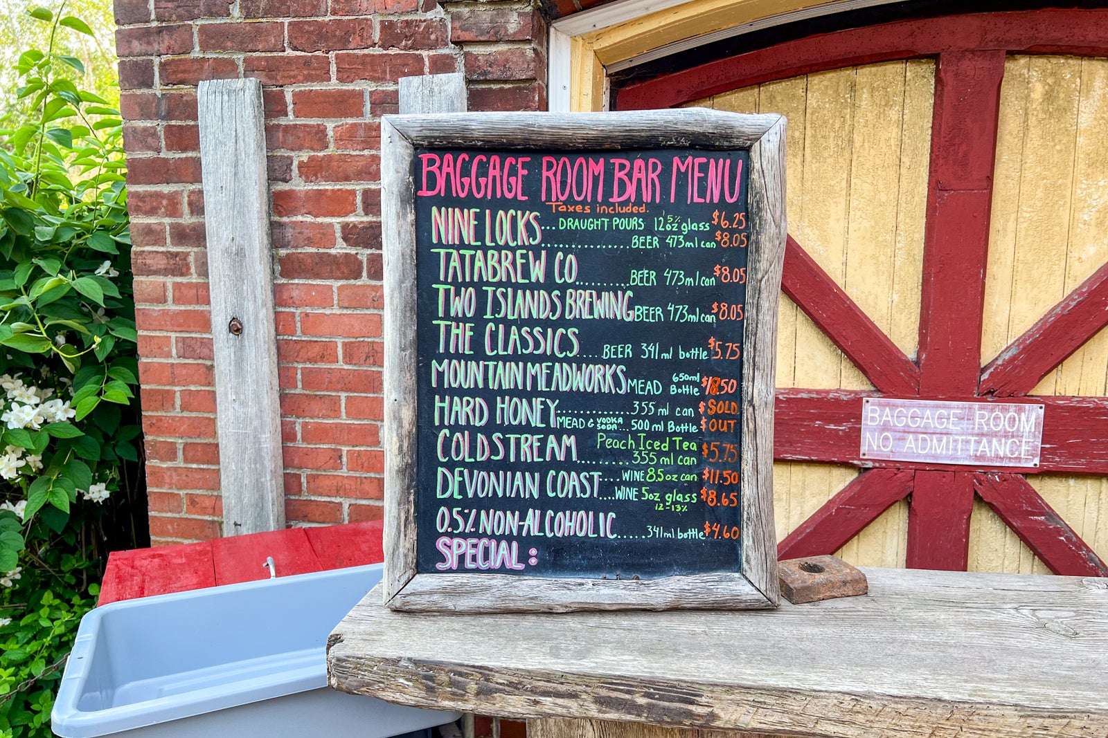 The Baggage Room Bar menu at the Train Station Inn in Tatamagouche, Nova Scotia