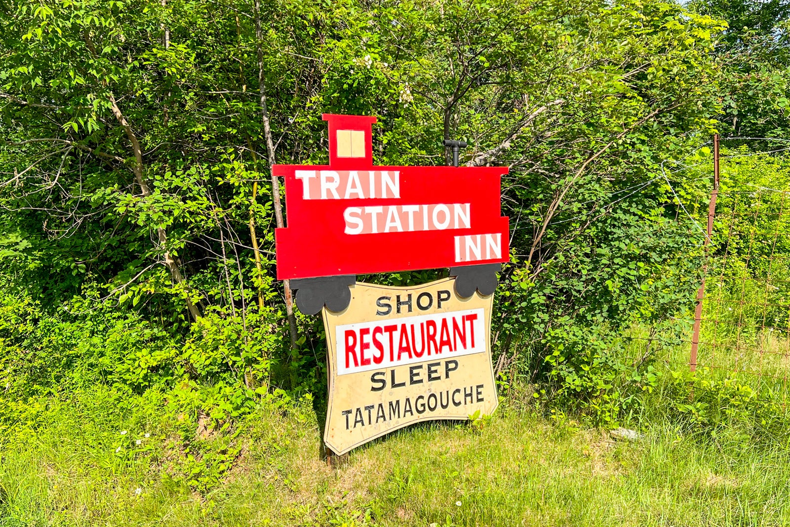 The sign on the road at the Train Station Inn in Tatamagouche, Nova Scotia