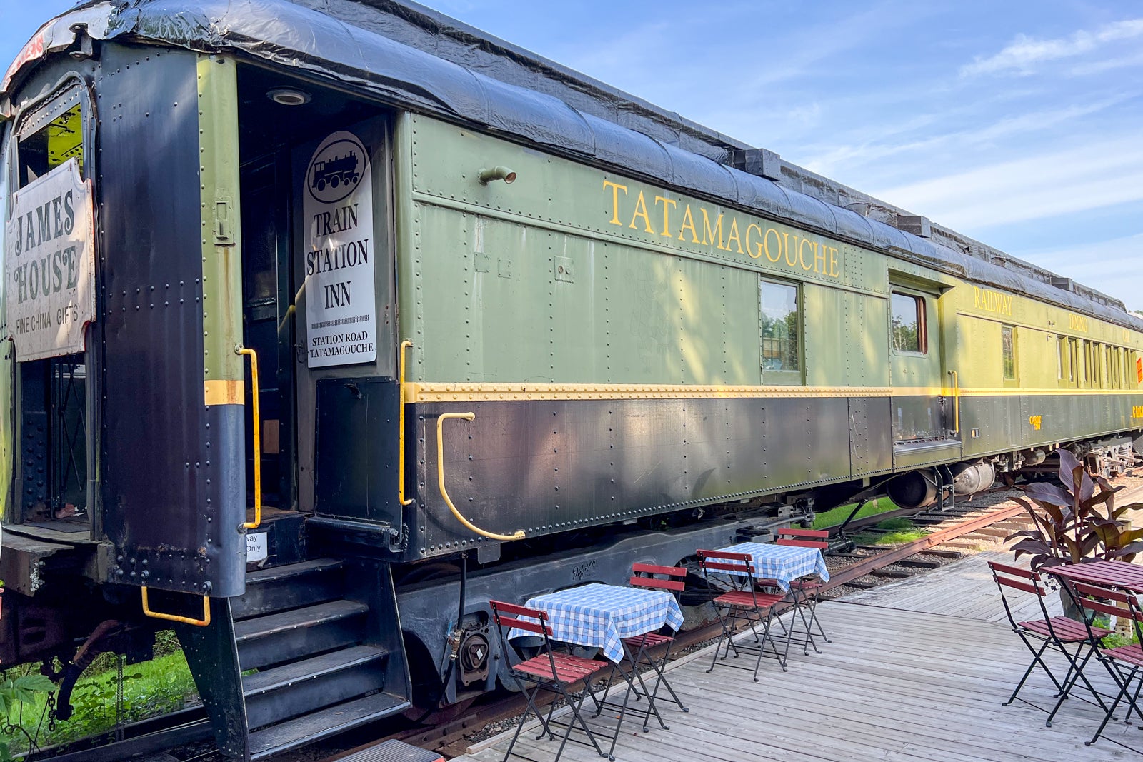 The outside of the dining car at the Train Station Inn in Tatamagouche, Nova Scotia