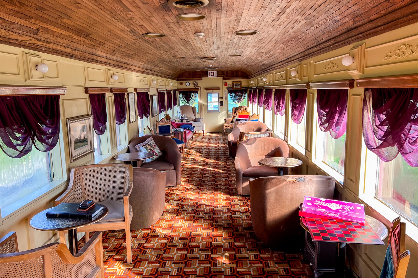 The lounge car at the Train Station Inn in Tatamagouche, Nova Scotia