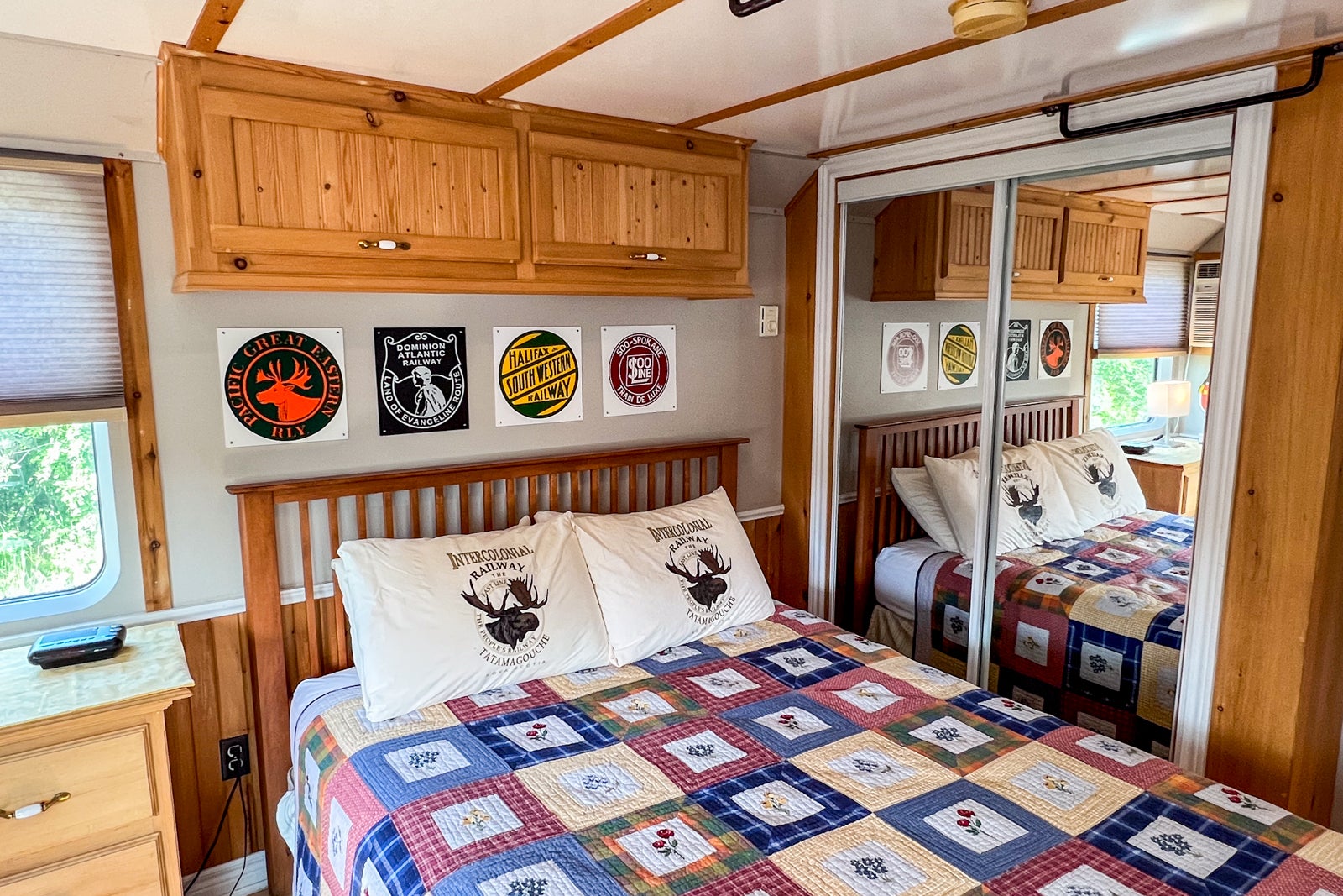 A view of the bedroom of Caboose #8 at the Train Station Inn in Tatamagouche, Nova Scotia