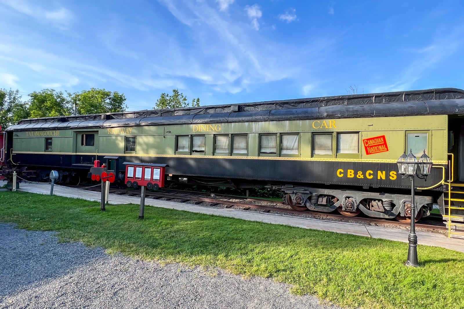 The exterior of the dining car at the Train Station Inn in Tatamagouche, Nova Scotia