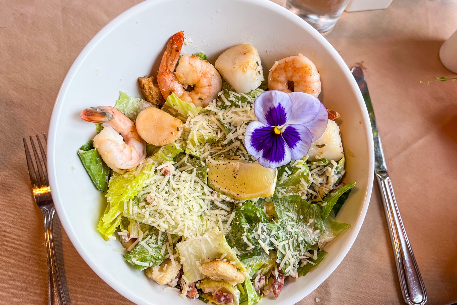 Shrimp caesar salad in the dining car at the Train Station Inn in Tatamagouche, Nova Scotia