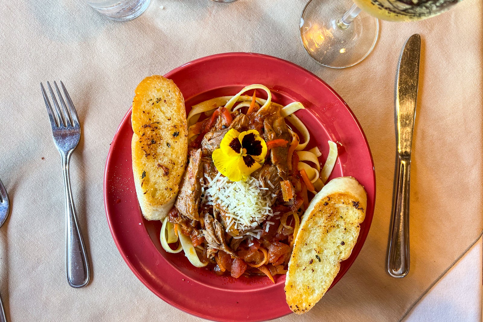 Delicious pasta in the dining car at the Train Station Inn in Tatamagouche, Nova Scotia