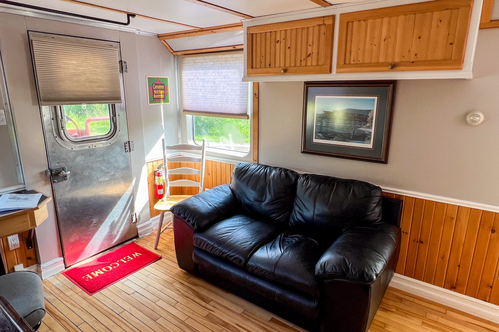 The sitting area of Caboose #8 at the Train Station Inn in Tatamagouche, Nova Scotia
