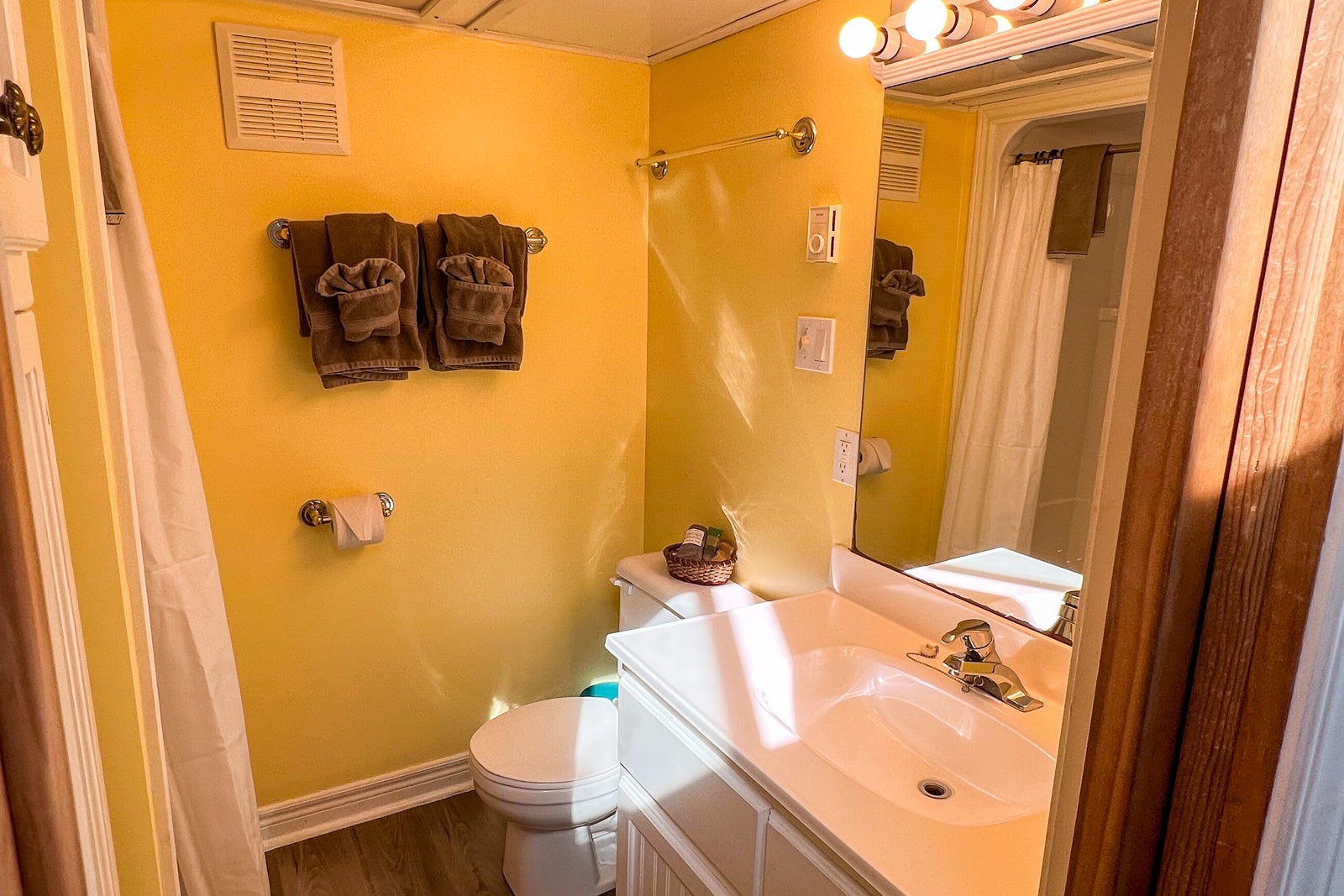 The bathroom of Caboose #8 at the Train Station Inn in Tatamagouche, Nova Scotia