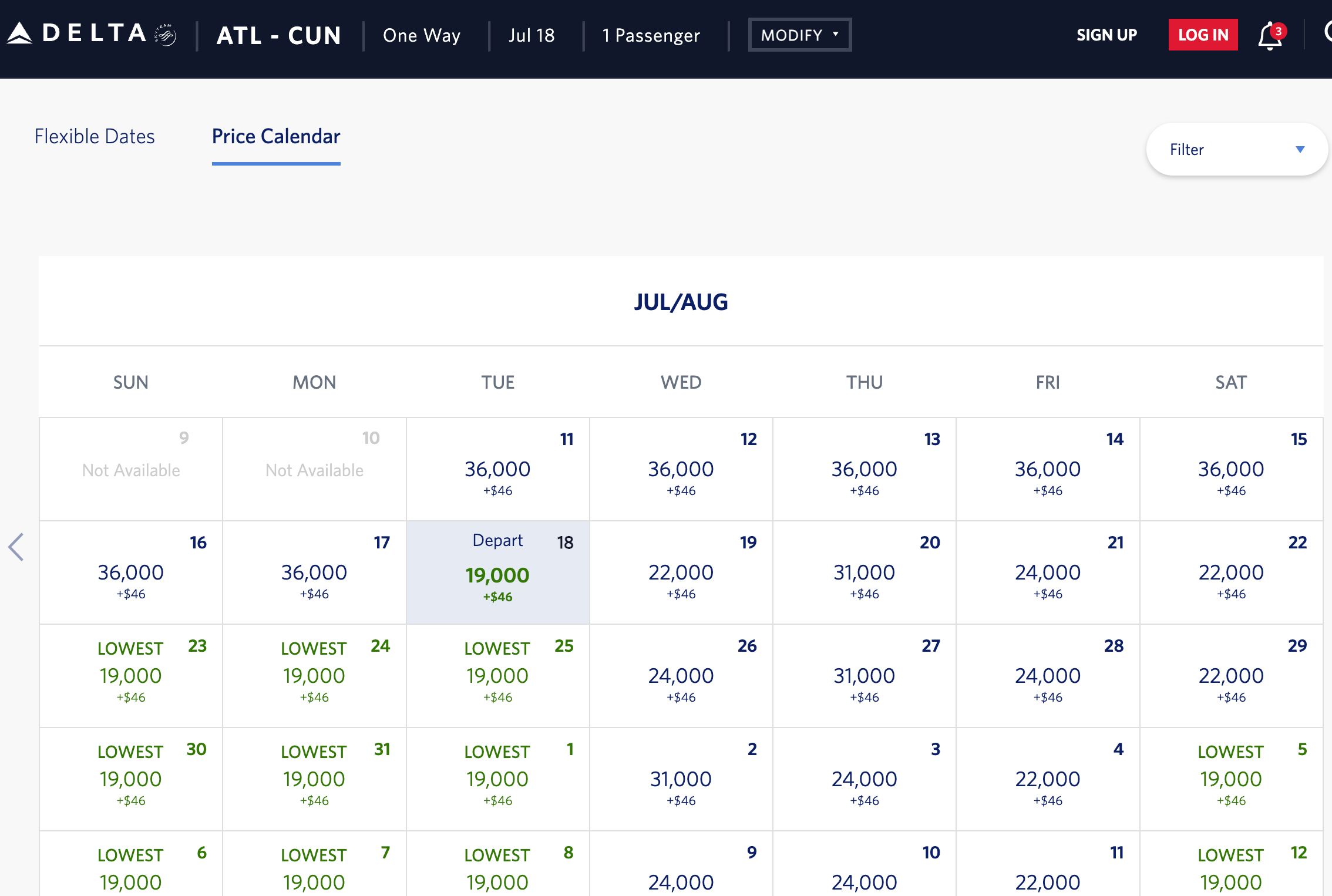 ATL to CUN award calendar