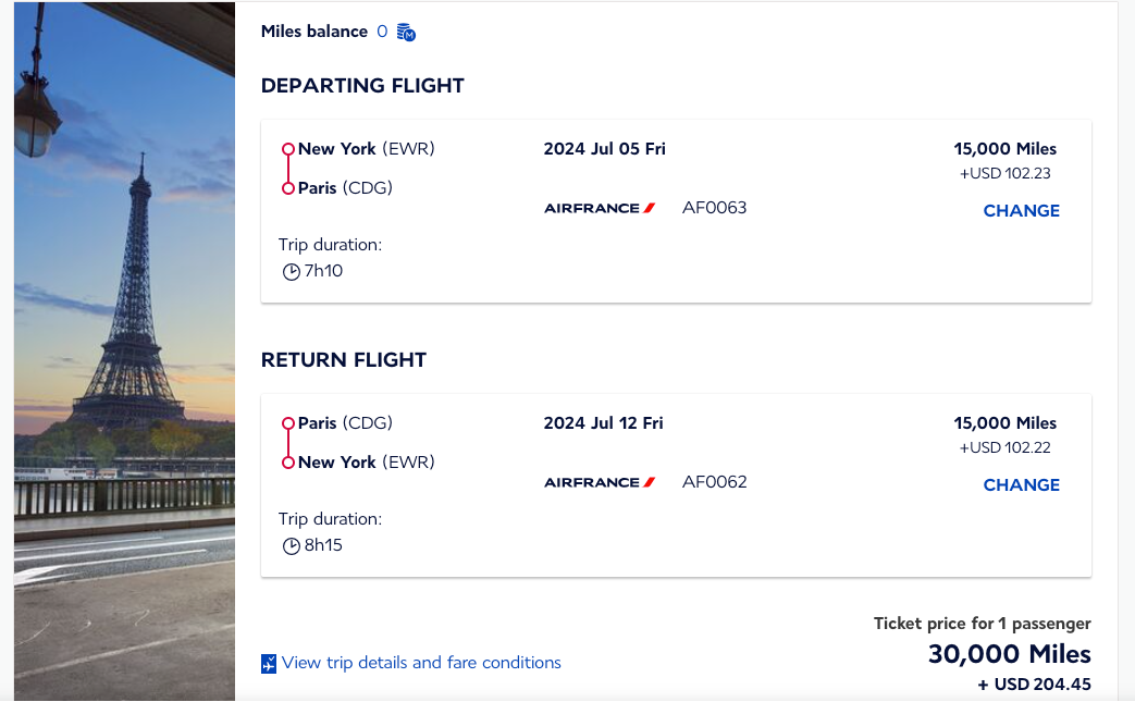 Air France booking with Flying Blue miles. 
