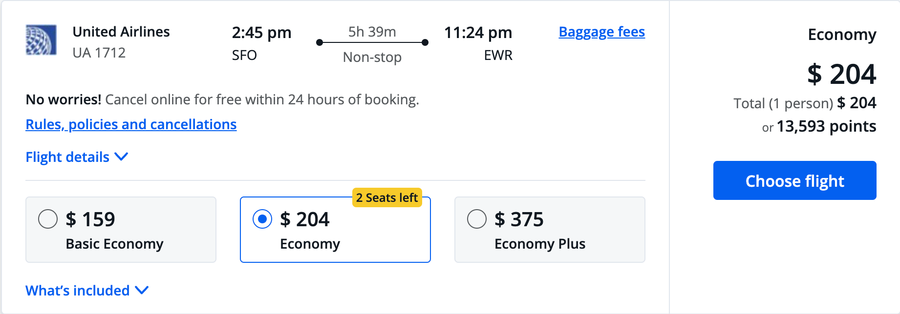 Booking SFO to EWR through the Chase portal