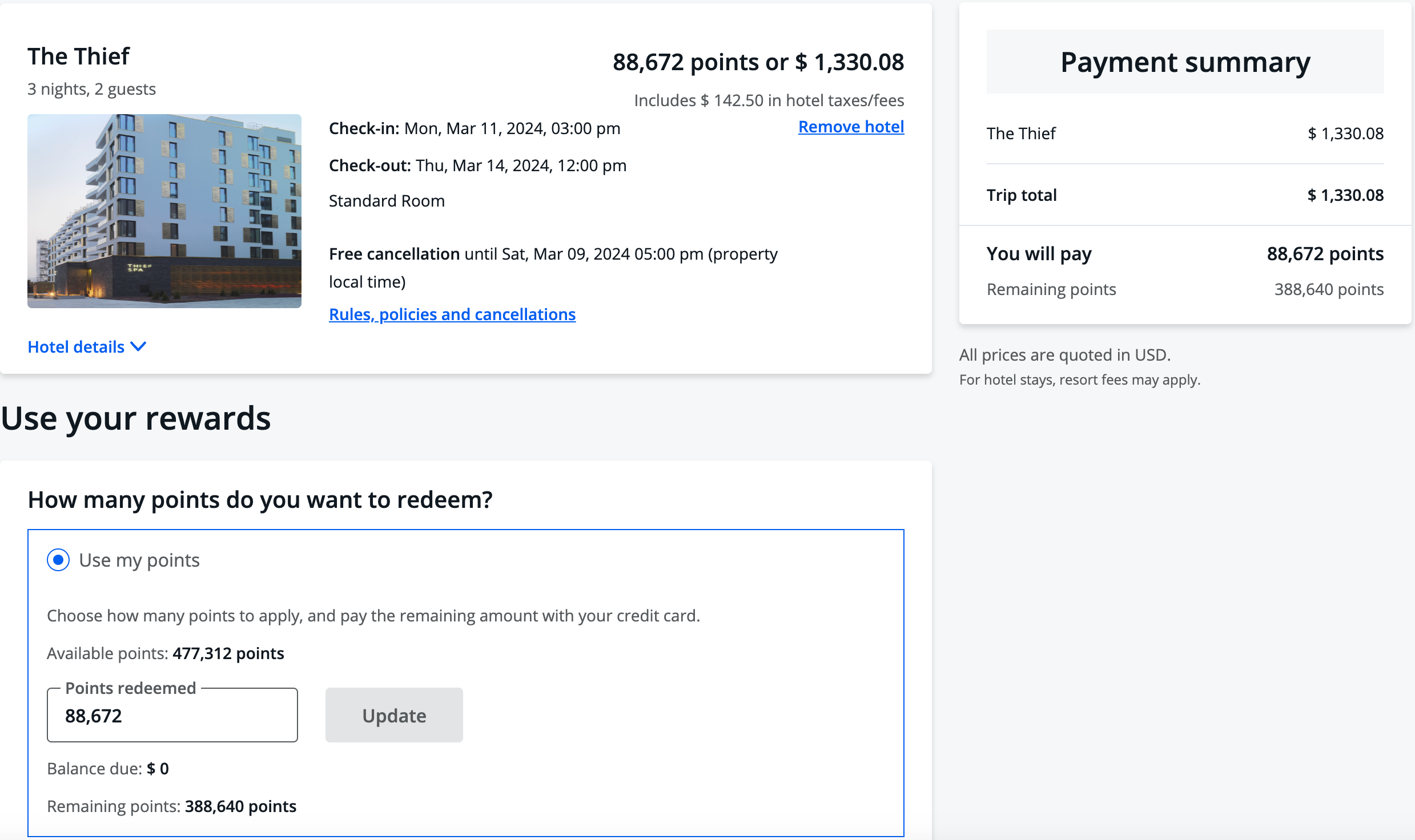 Booking a hotel on Chase portal
