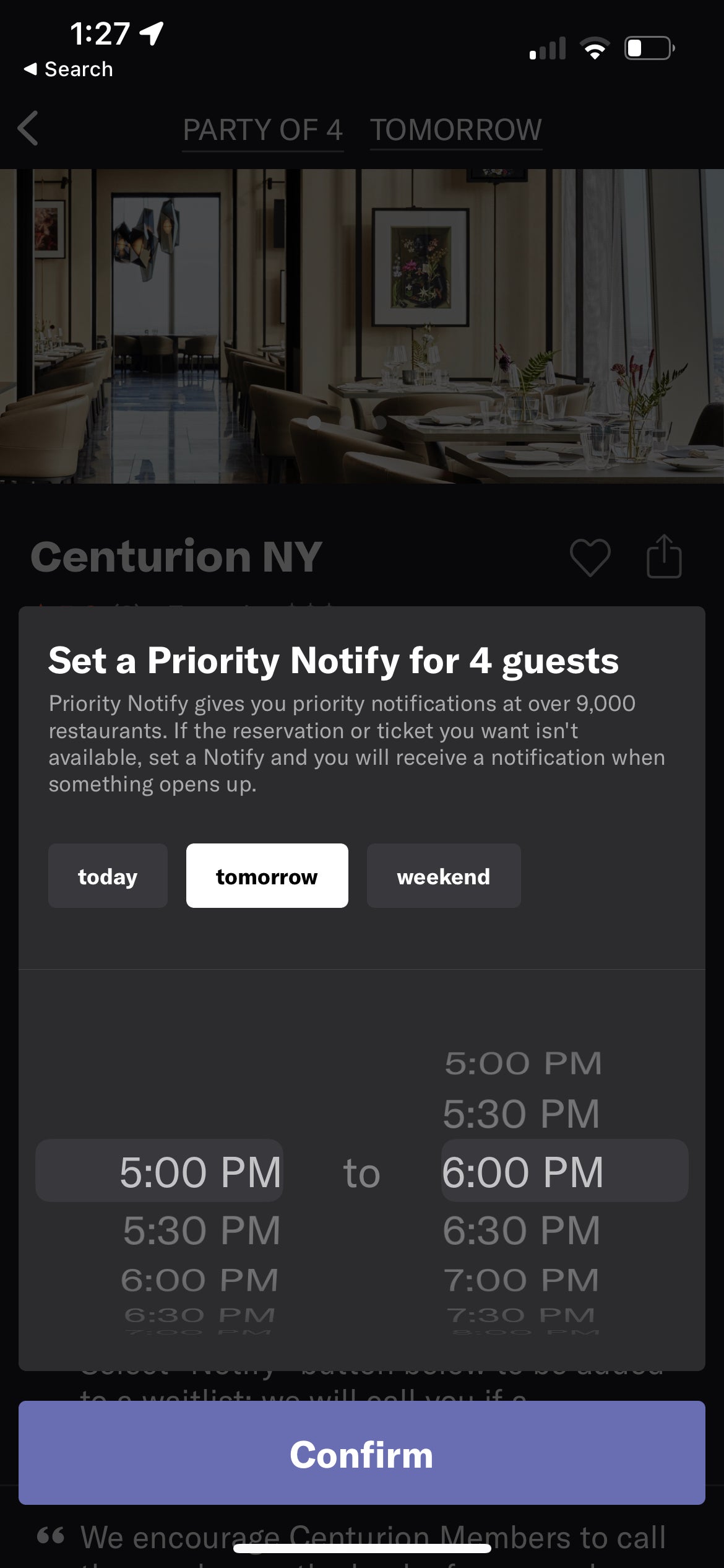 Centurion on Resy notification request. RESY