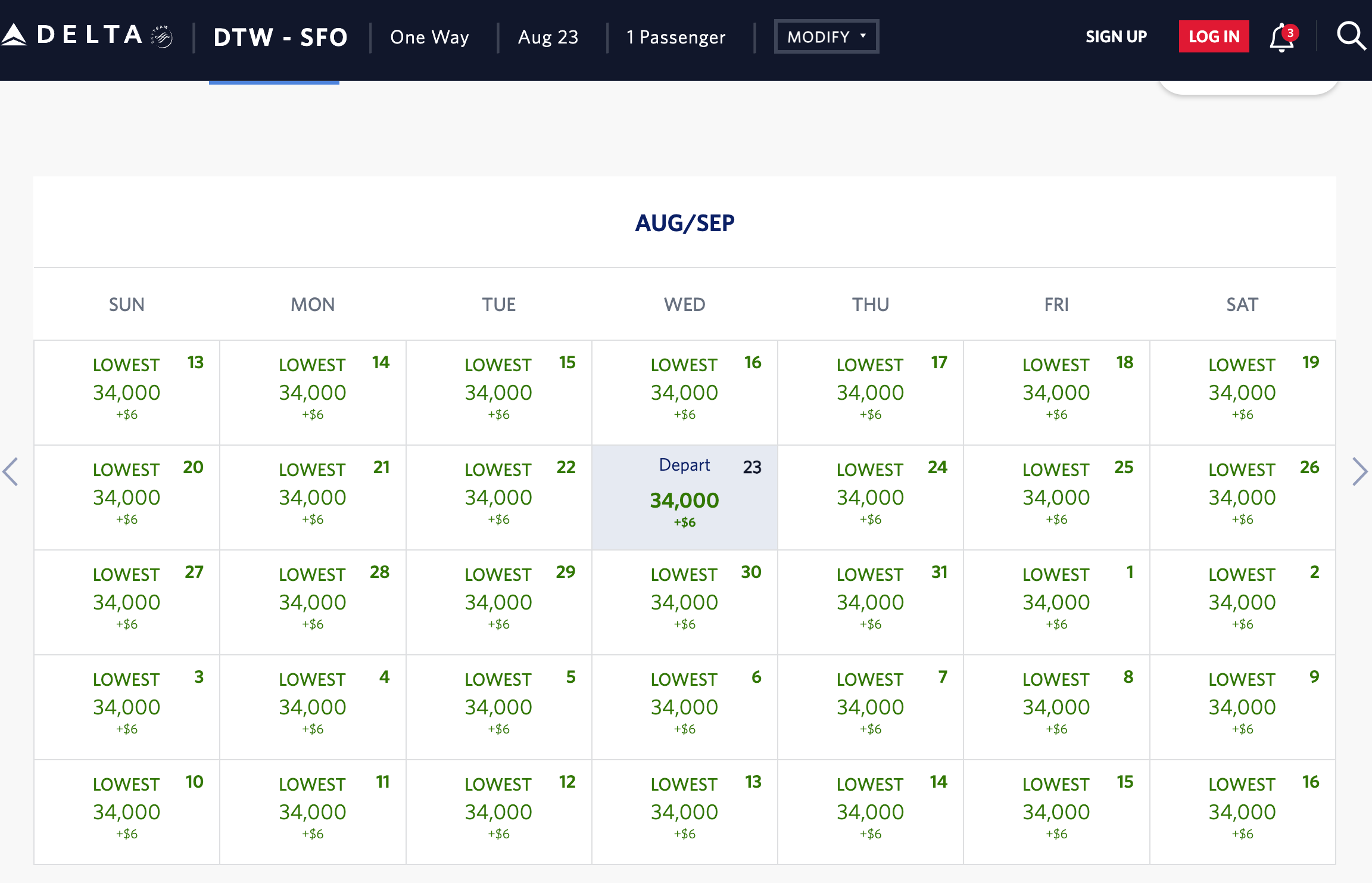 DTW to SFO price calendar