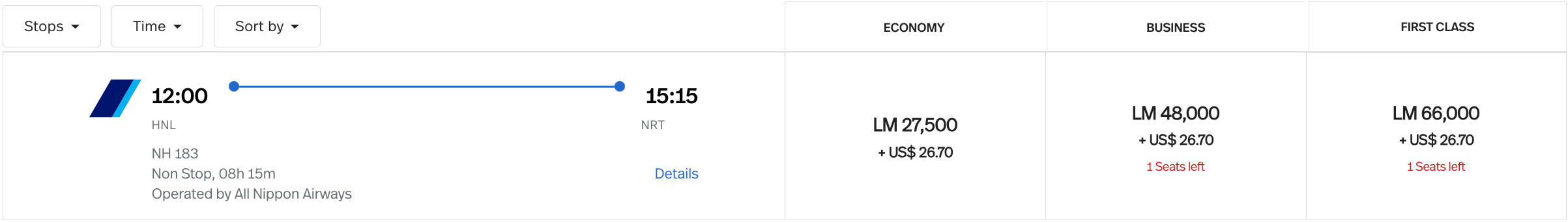 HNL to NRT LifeMiles