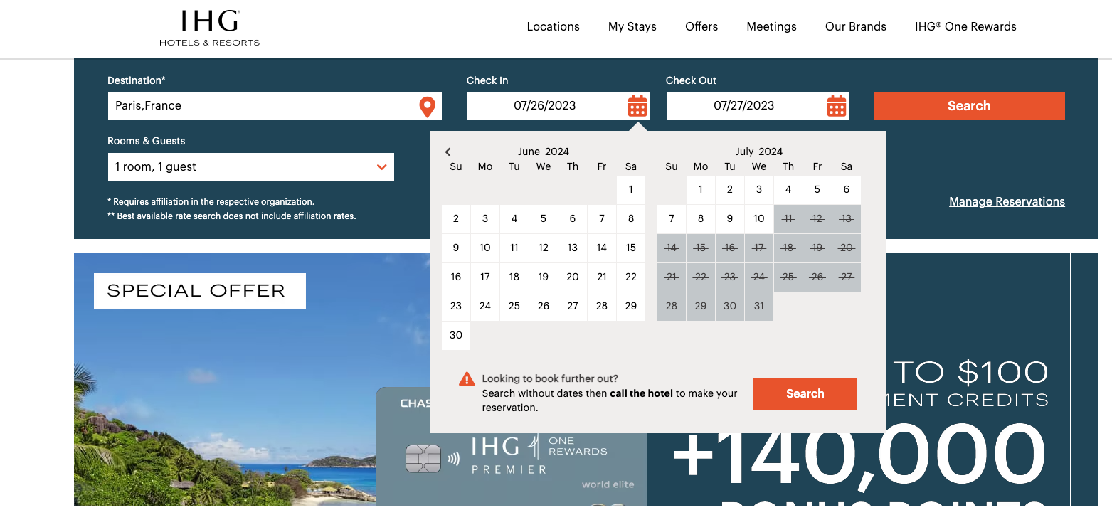 IHG booking window for Paris France during Olympics. IHG ONE REWARDS