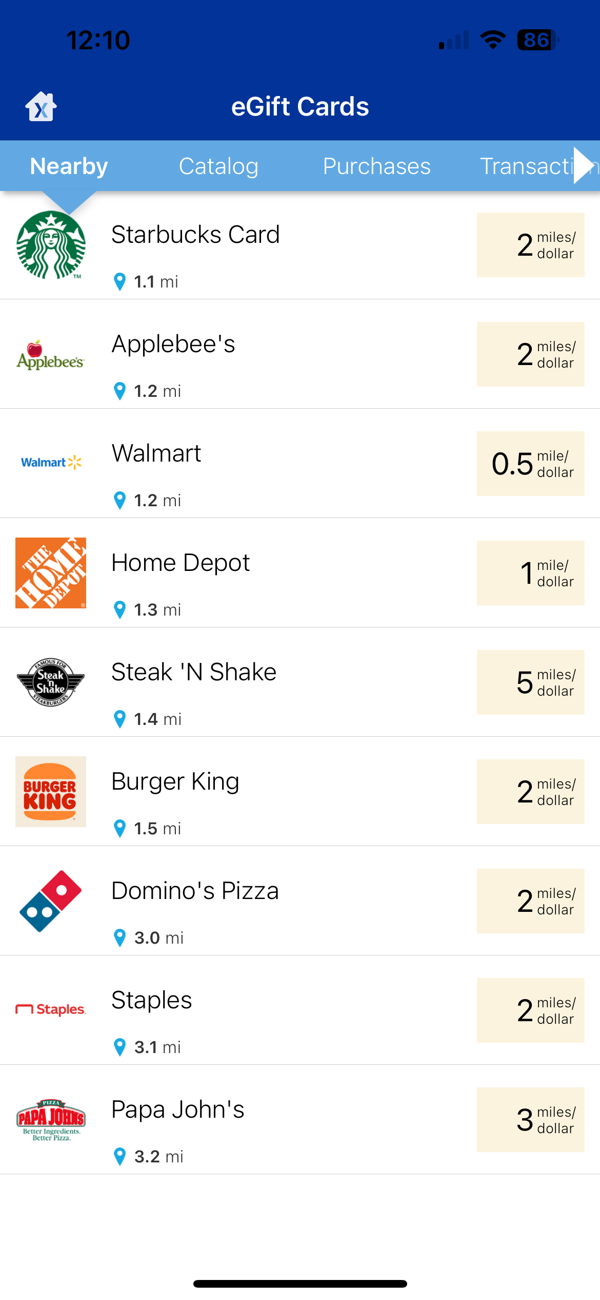 Example merchants in the United MileagePlus X app