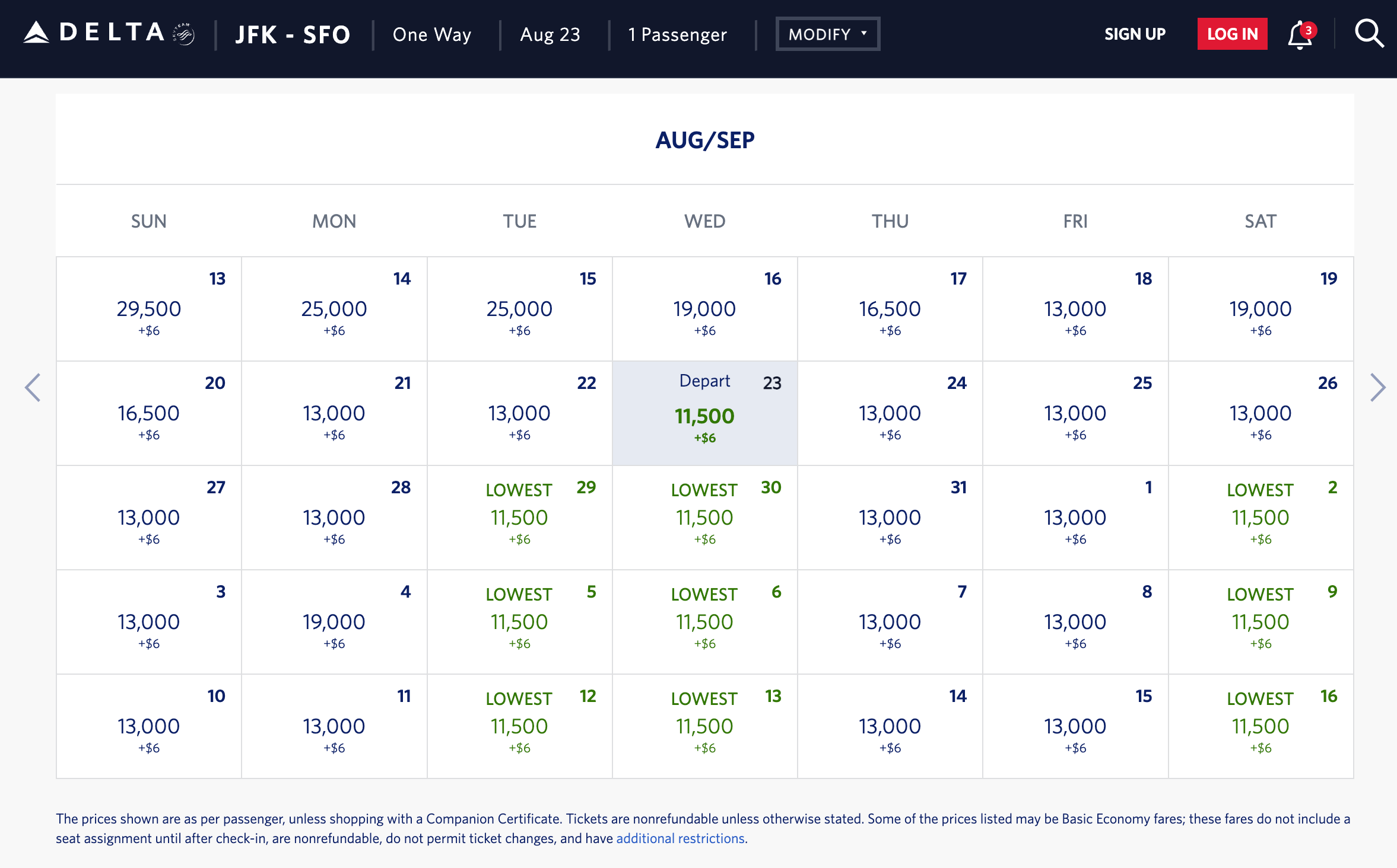 JFK to SFO price calendar