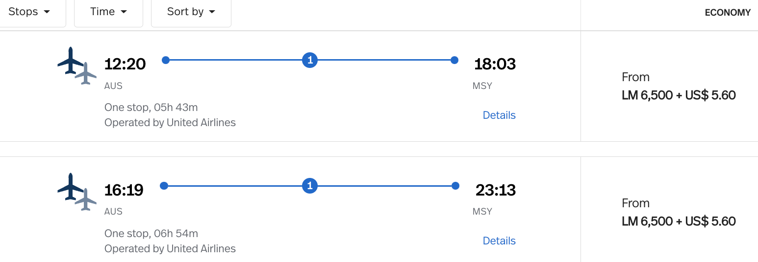 LifeMiles flight from AUS-MSY