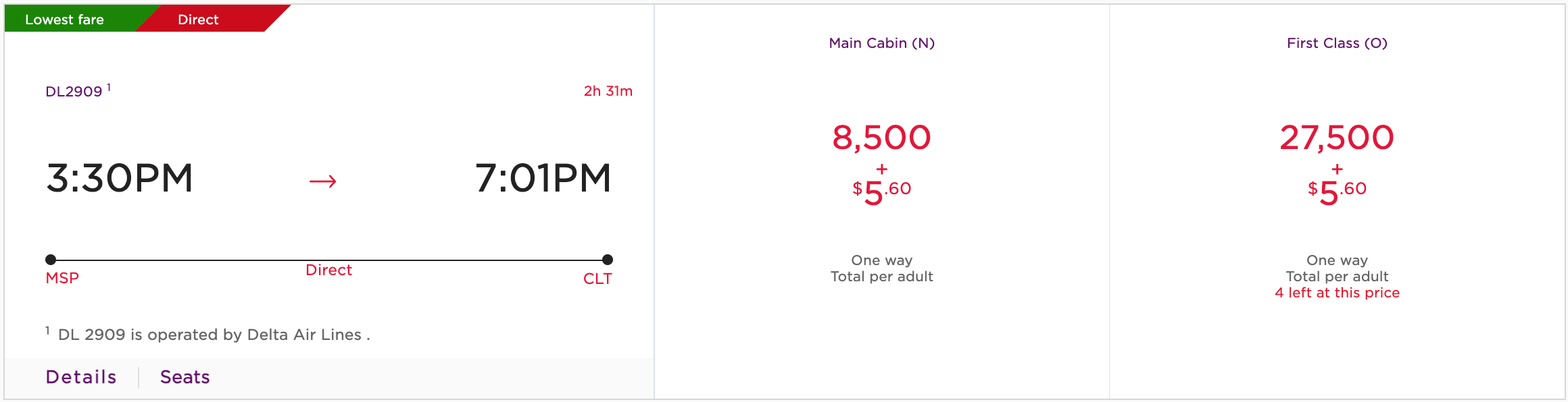 MSP to CLT on Flying Club points