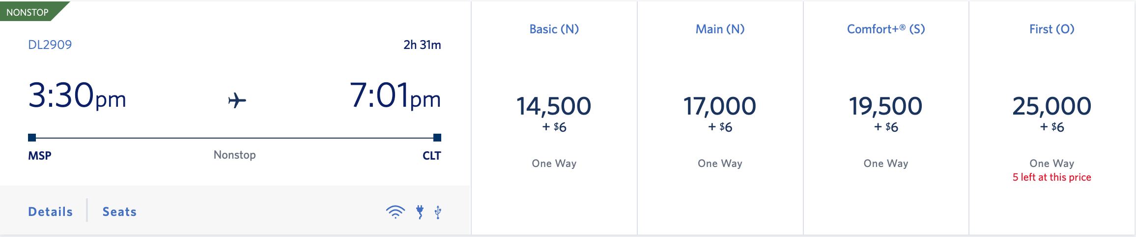 MSP to CLT on SkyMiles