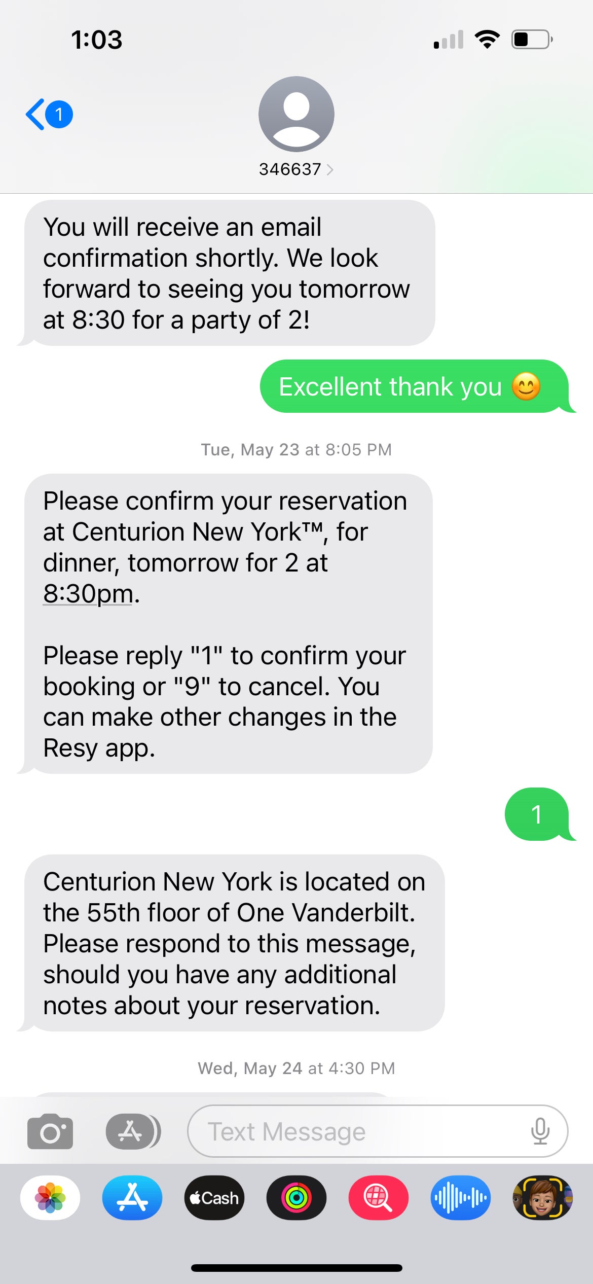 Resy confirmation for Centurion NY via text message. 