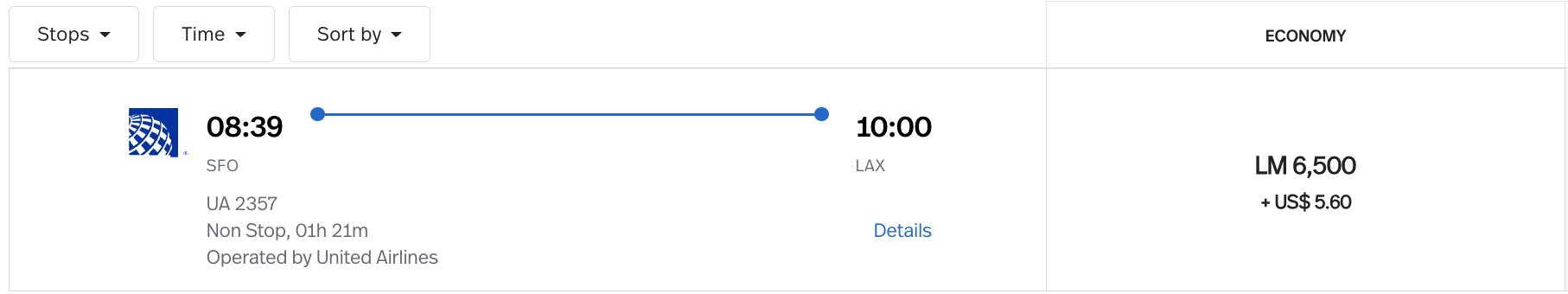 SFO to LAX LifeMiles