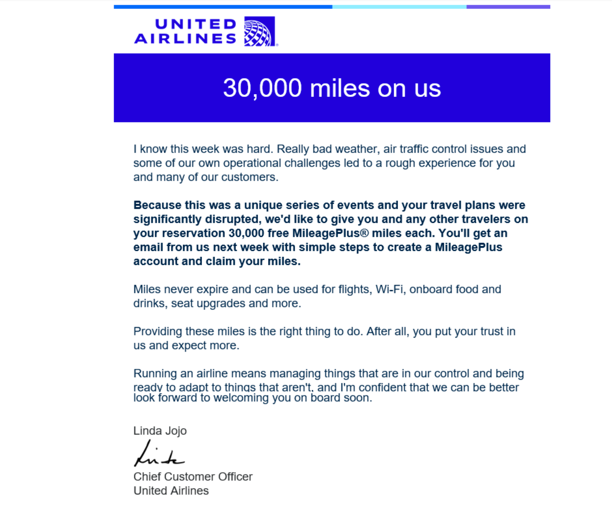 Customer service email from United. 