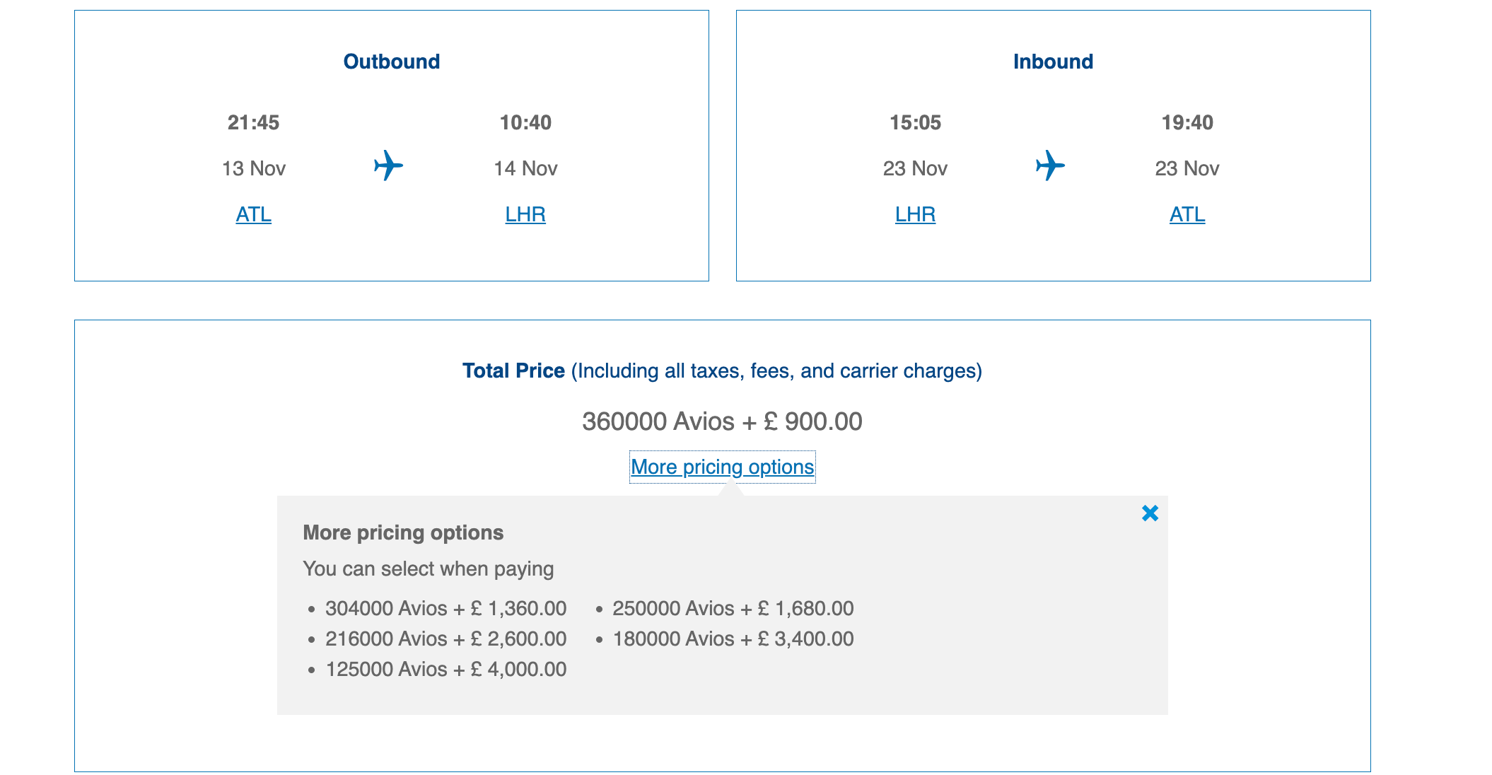 British Airways award redemption screenshot
