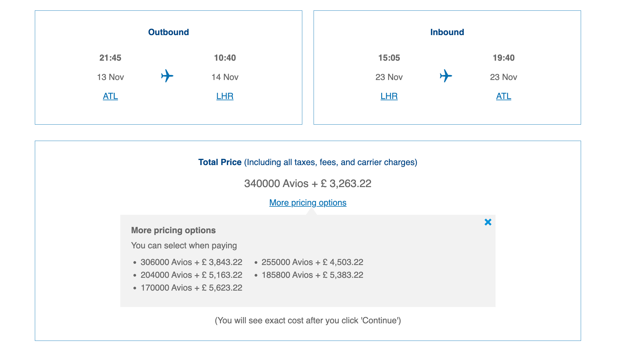 British Airways award redemption screenshot