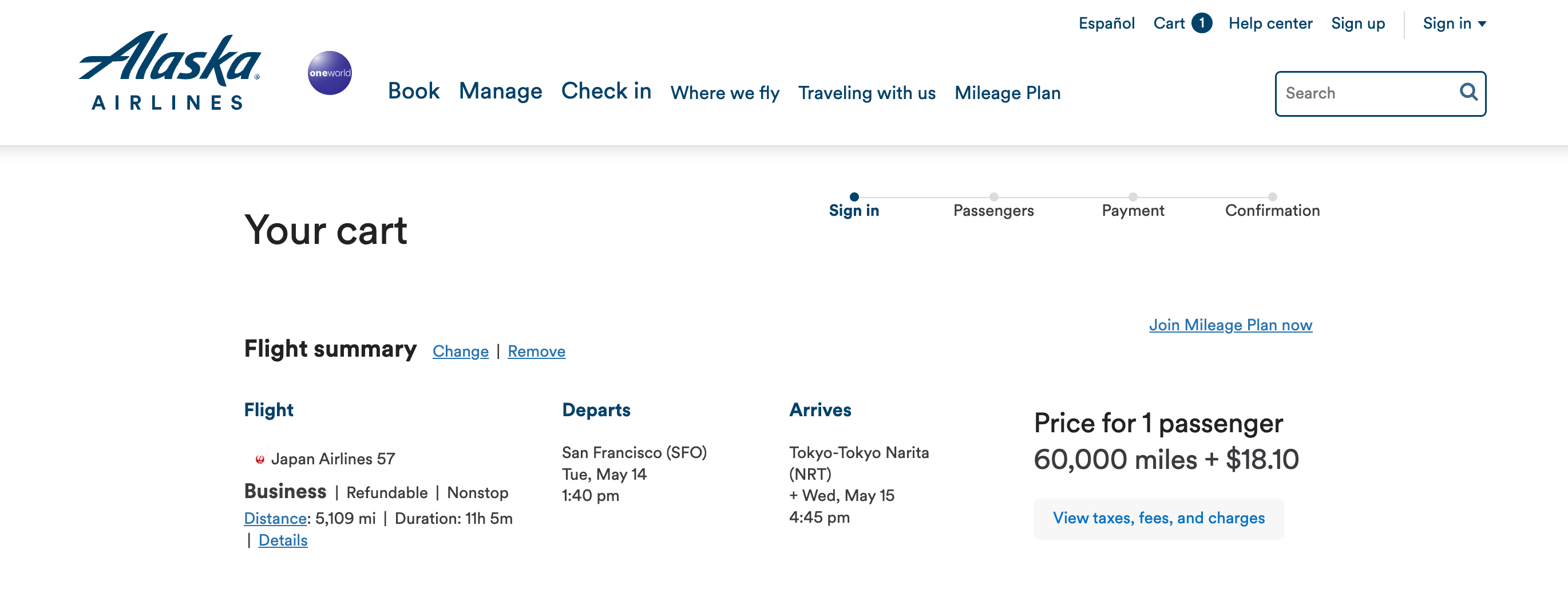 A one-way, business-class flight on Japan Airlines booked through Alaska Airlines Mileage Plan