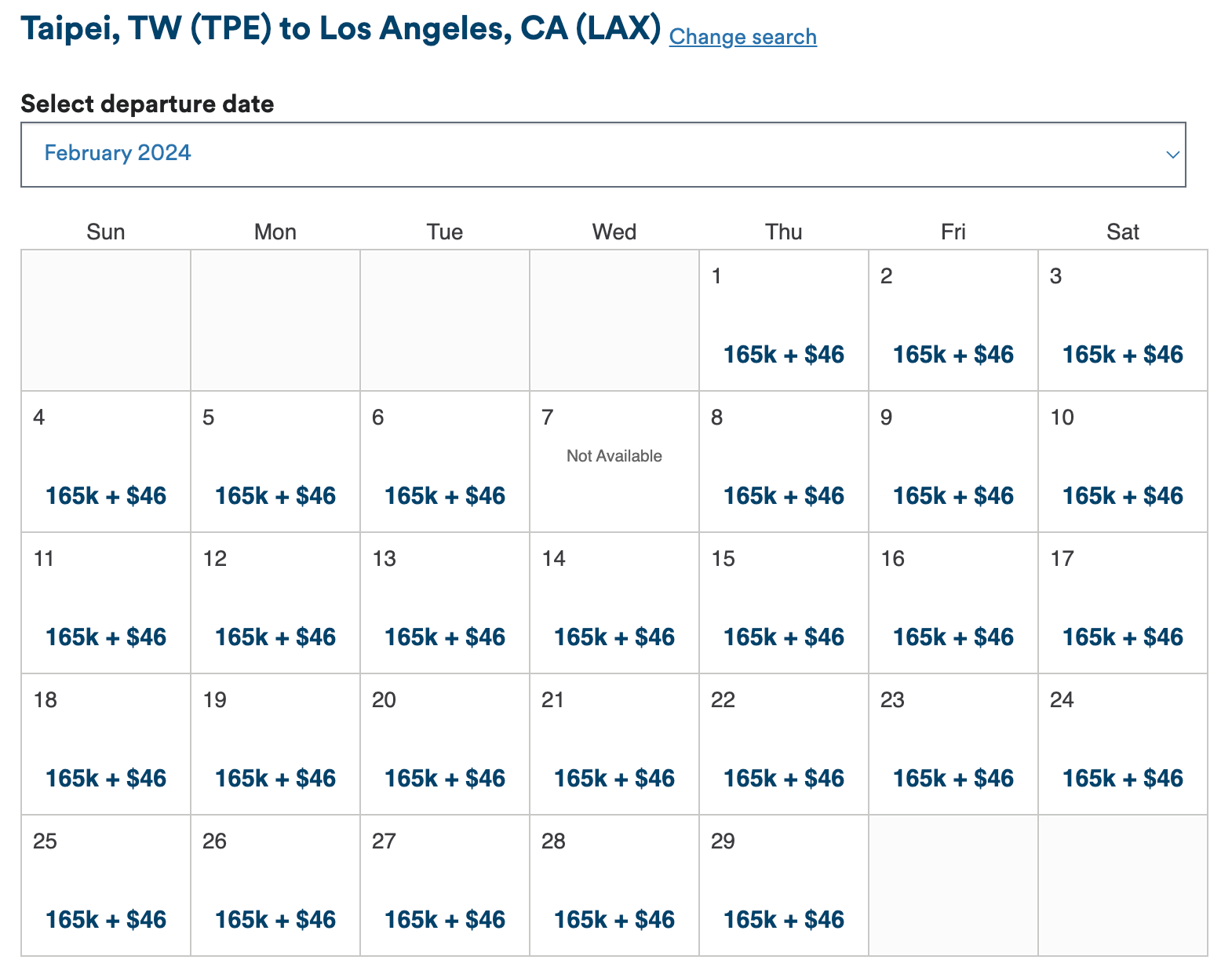 Taipei to LA flight calendar