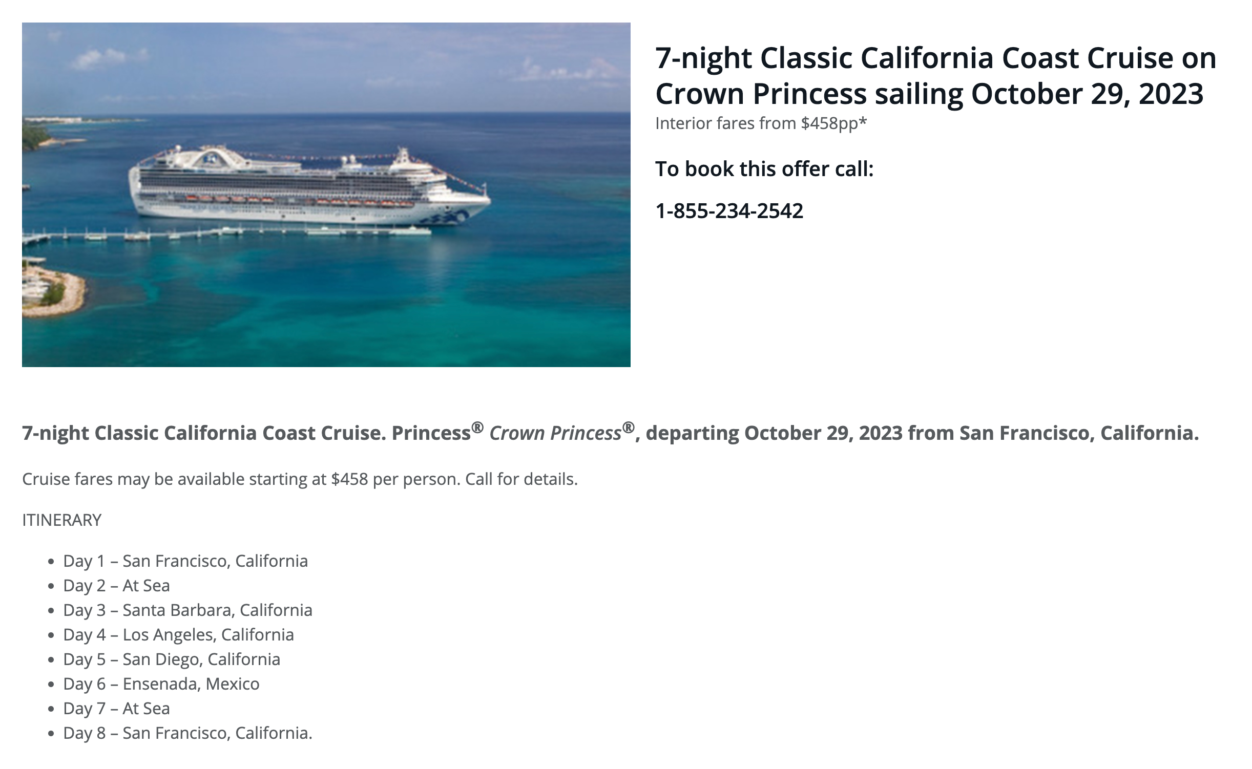 A screen shot with details of a Princess cruise through Chase Travel