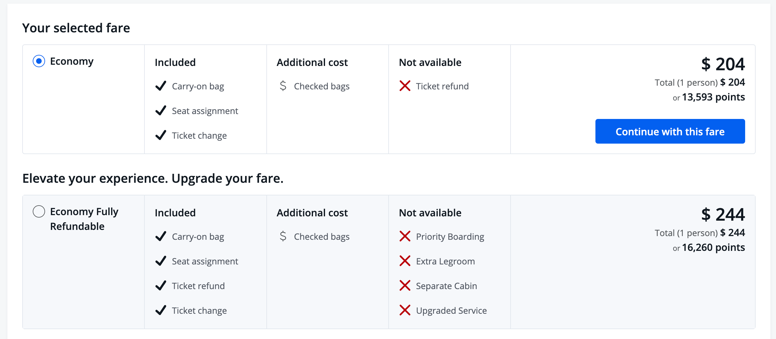 Upsell flight options in the Chase portal