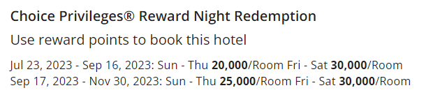 Choice Hotels award pricing