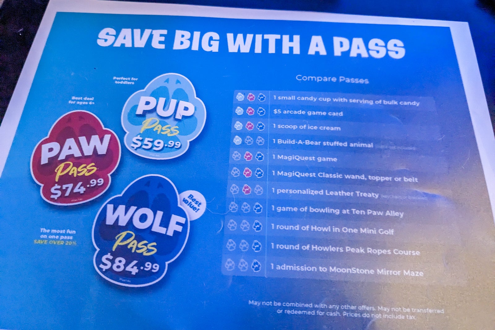 Sign listing Great Wolf Lodge activity pass options.