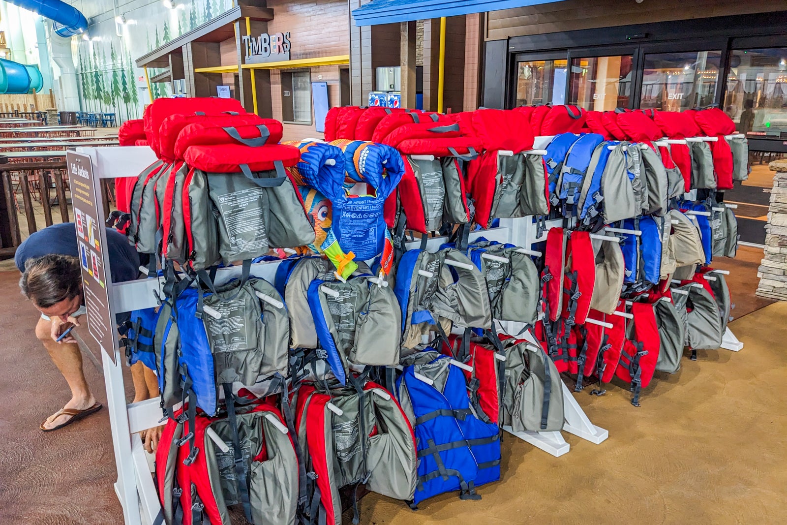 Rack of life jackets at Great Wolf Lodge Maryland.