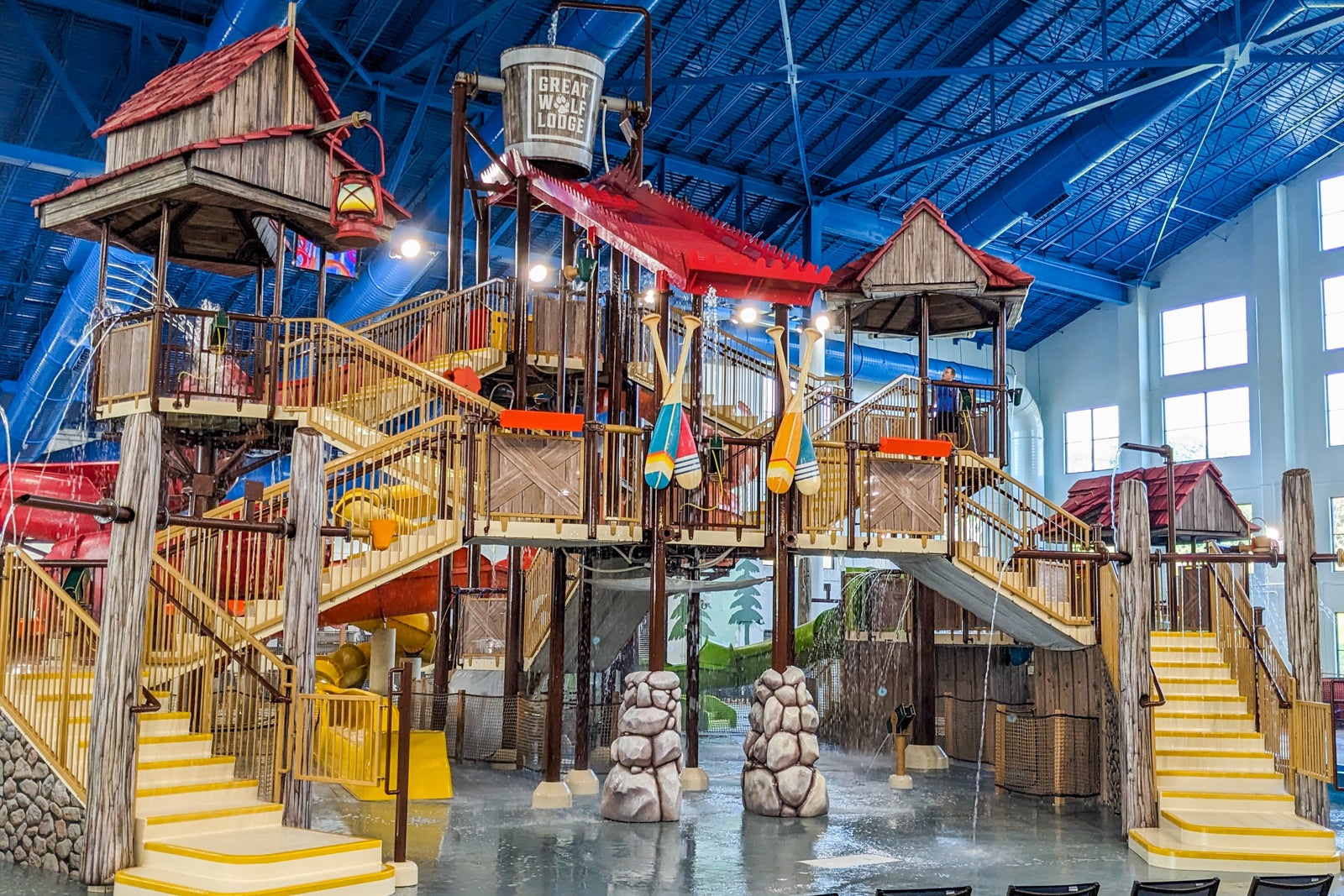 Water play climbing structure with slides at Great Wolf Lodge Maryland