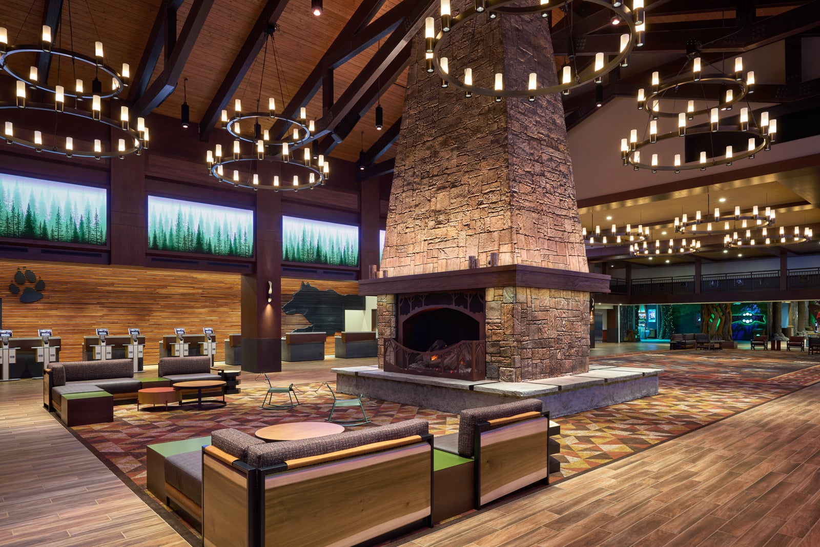 Lobby with fireplace at Great Wolf Lodge Maryland