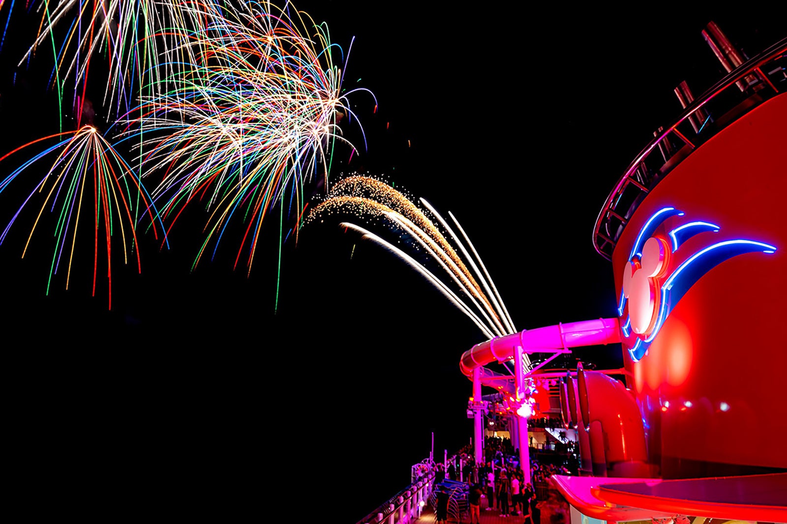 Fireworks over the funnel on a Disney Cruise Line ship