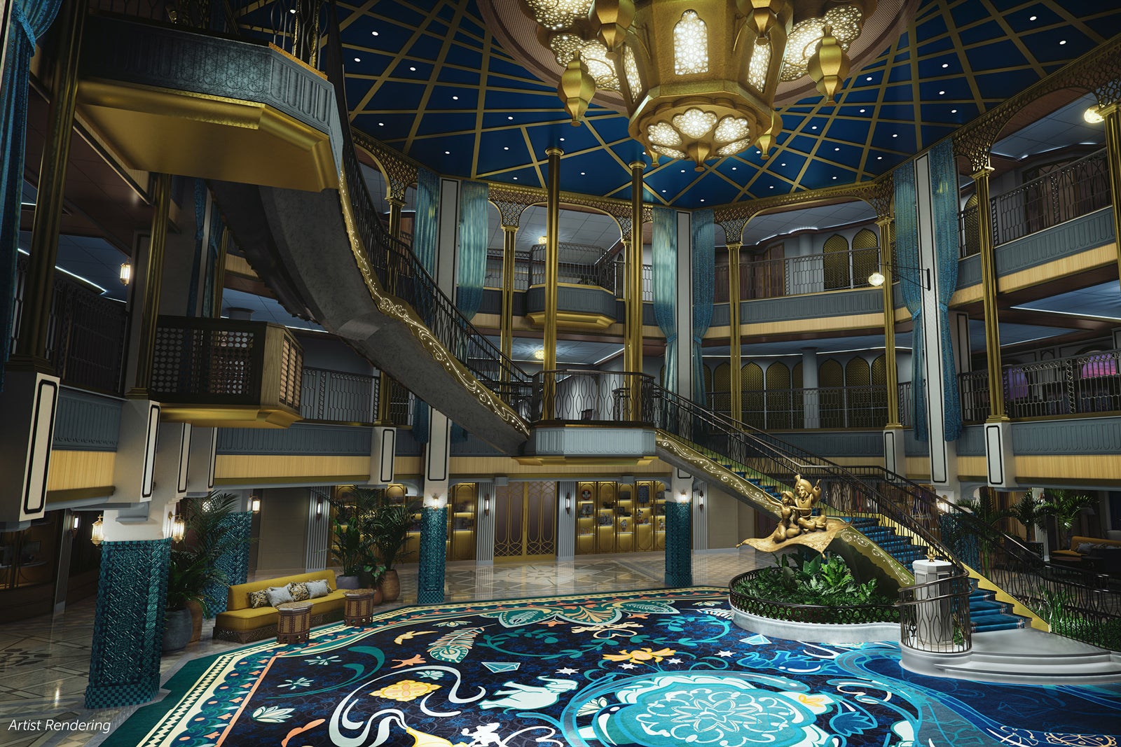 Artist's rendering of Disney Treasure's Grand Hall.