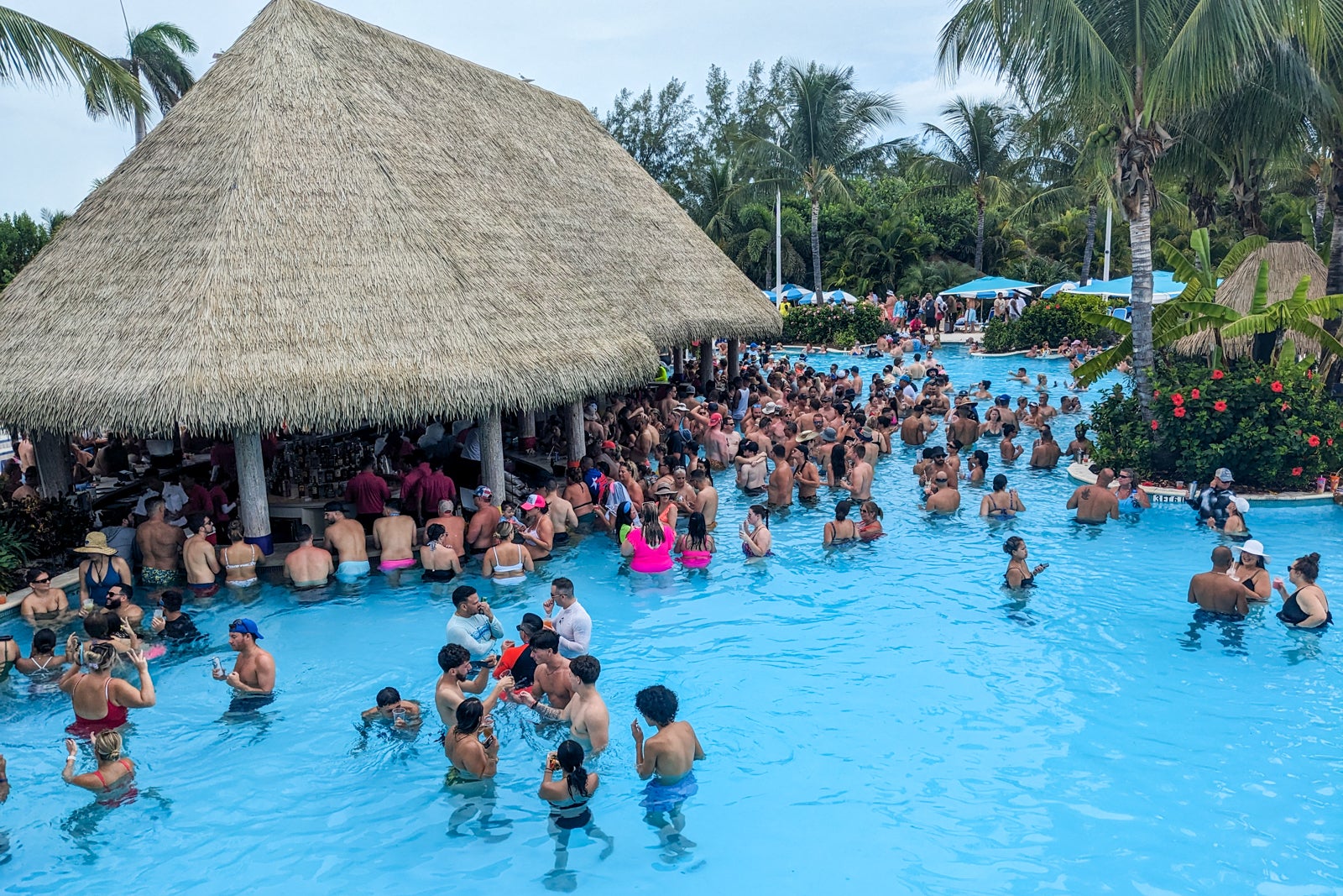 Swim-up bar with crowd of people 