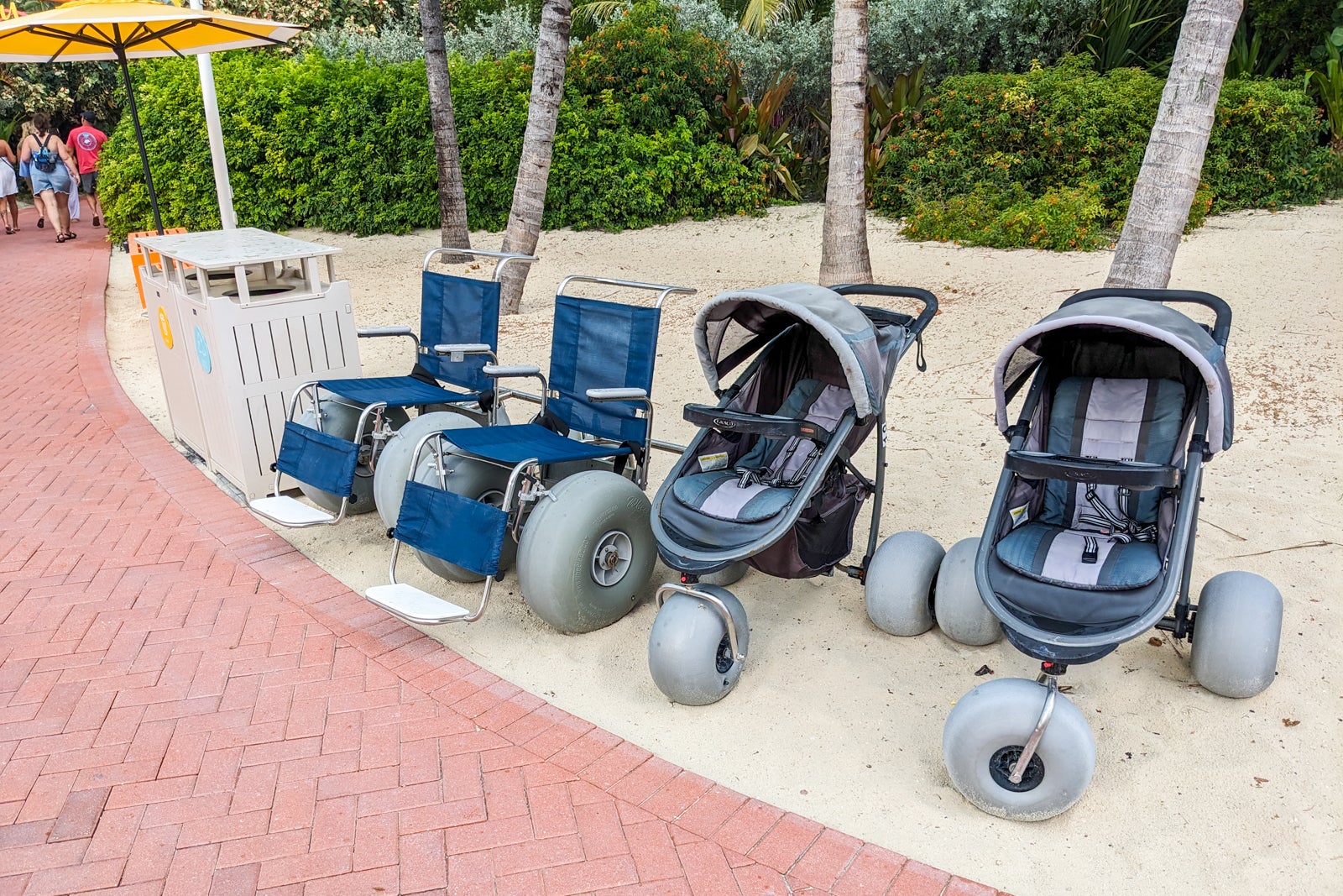 Beach strollers and wheelchairs.