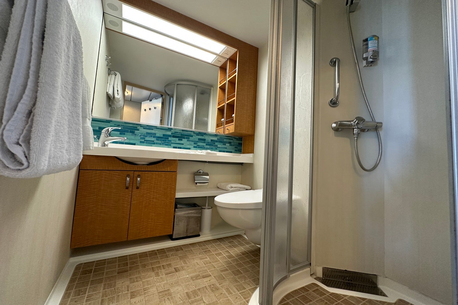 The shower, toilet and vanity in a cruise ship cabin bathroom