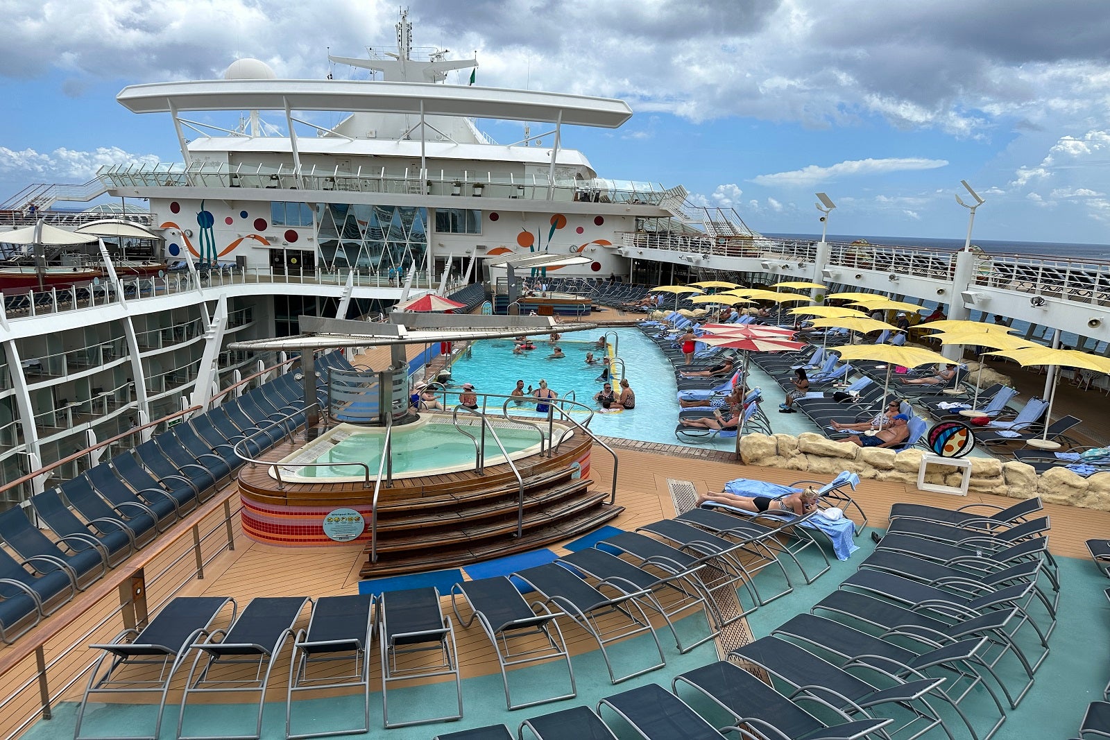 A view from above a cruise ship pool deck